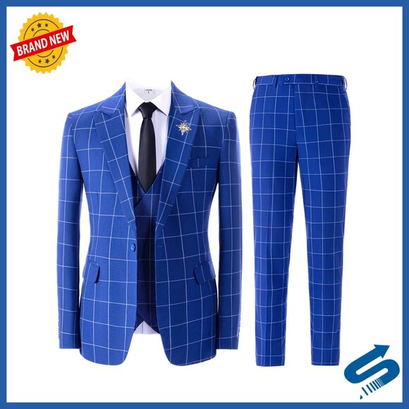 Men's 3-Piece Suit Double Breasted Plaid Blazer Vest Pants Business Wedding